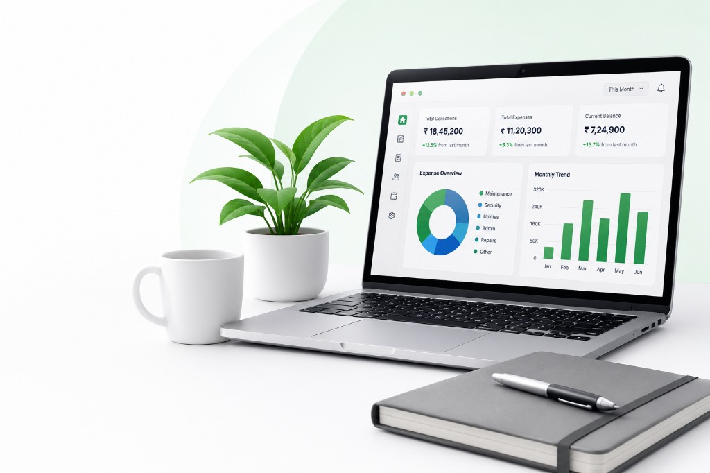 Laptop displaying a financial dashboard with collections, expenses, and monthly trends